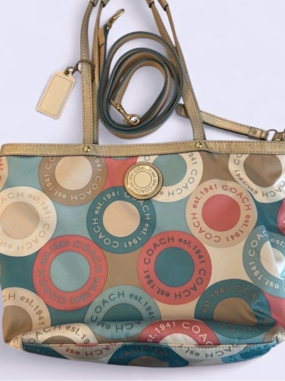 COACH Multicolor Circle Logo Tote - Teal, Coral & Taupe